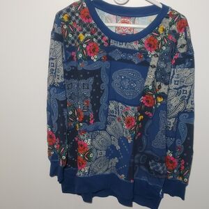 Johnny Was Blue Flower Paisley Bandana Print Crewneck Tunic Sweatshirt Size M